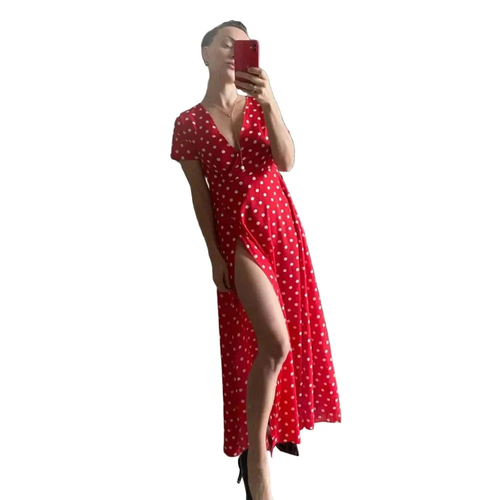 Boho Polka Dot Long Dresses Women Split Short Sleeve Summer Casual Dress Maxi Dress-Dollar Bargains Online Shopping Australia