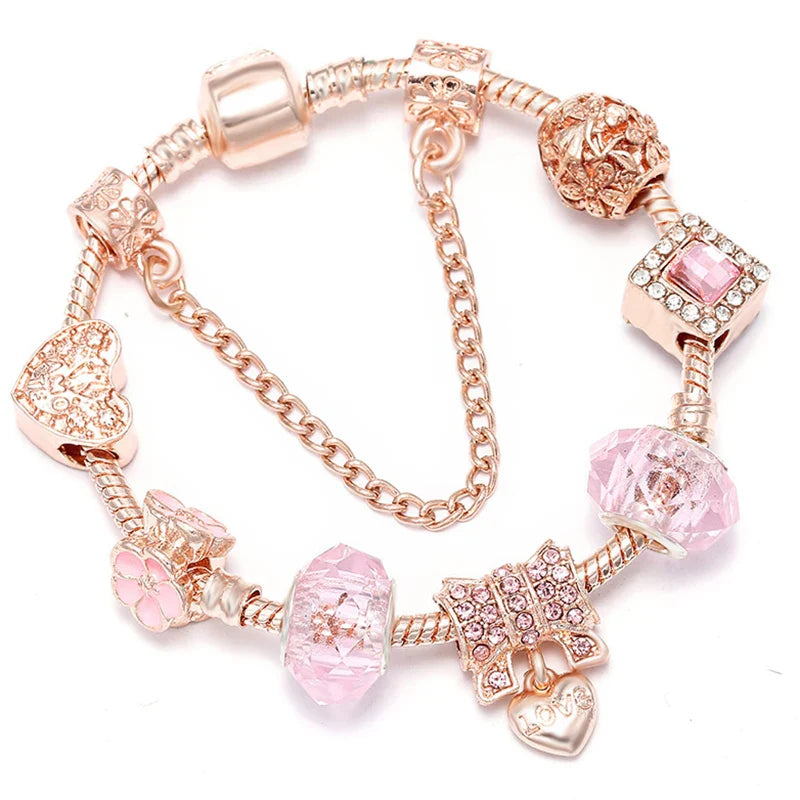 Heart & Key Pendant Rose Gold Color Fine Bracelets & Bangles Ferris Wheel Beads Charm Bracelet For Women Jewelry Gift-Dollar Bargains Online Shopping Australia