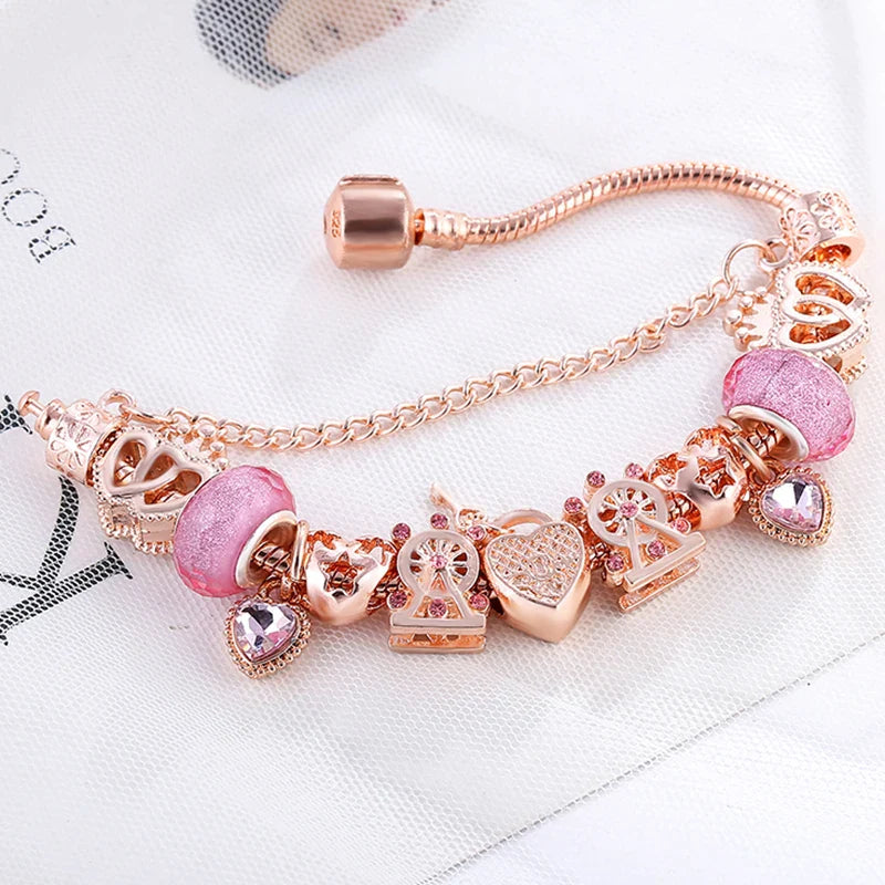 Heart & Key Pendant Rose Gold Color Fine Bracelets & Bangles Ferris Wheel Beads Charm Bracelet For Women Jewelry Gift-Dollar Bargains Online Shopping Australia