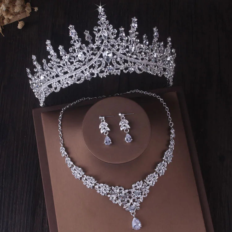 Silver Color Crystal Bridal Jewelry Sets Fashion Tiaras Crown Earrings Choker Necklace Women Wedding Dress Jewelry Set-Dollar Bargains Online Shopping Australia