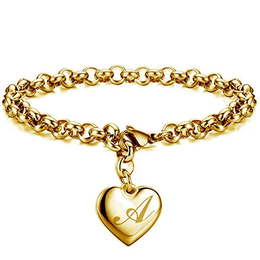 Initial Charm Gold-Color Bracelets Stainless Steel Heart 26 Letters Alphabet Bracelet for Women Girls Kids Gifts-Dollar Bargains Online Shopping Australia