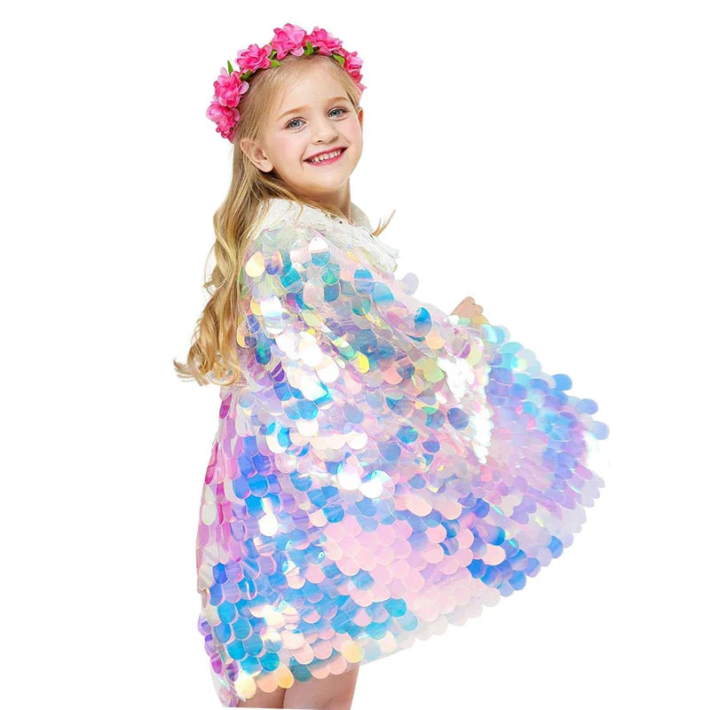 Fashion Glitter Multicolor Sequins Shawl Shiny Girls Cloak Blingbling Fairy Princess Cape Christmas Party Halloween Kids Clothes-Dollar Bargains Online Shopping Australia