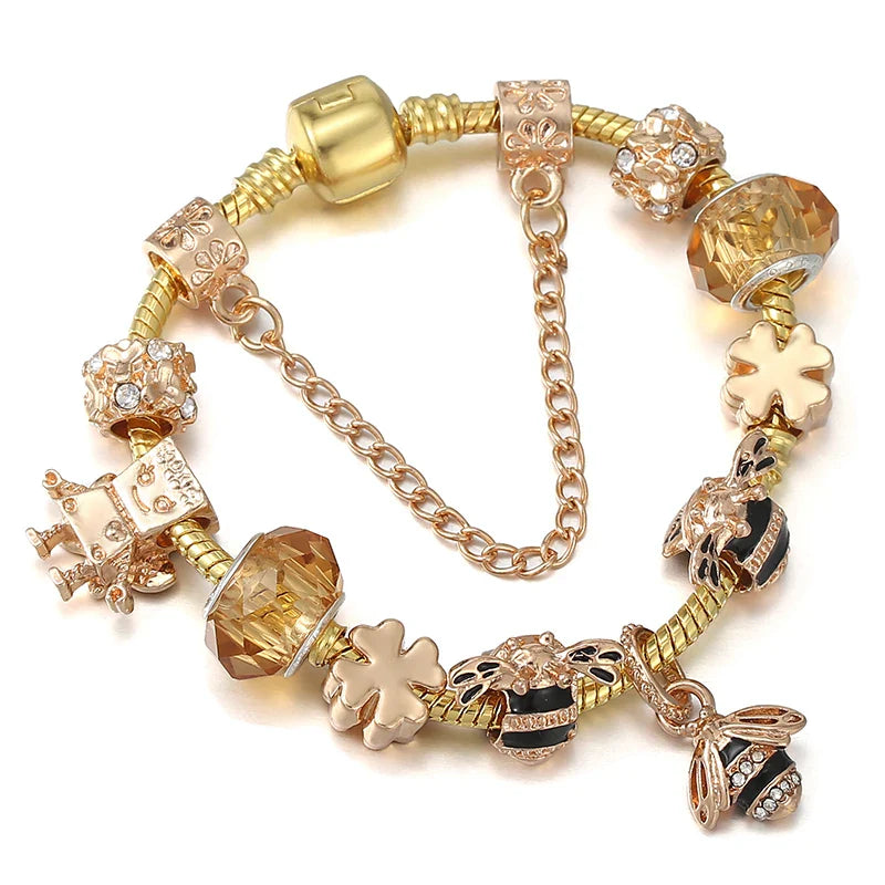 Luxury Crystal Bees Gold Color Charm Bracelet For Girl Murano Glass Beads Fine Bracelet For Women Couple DIY Jewelry Gift-Dollar Bargains Online Shopping Australia