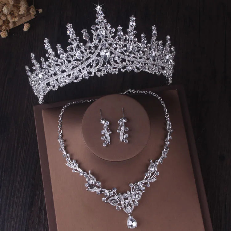 Silver Color Crystal Bridal Jewelry Sets Fashion Tiaras Crown Earrings Choker Necklace Women Wedding Dress Jewelry Set-Dollar Bargains Online Shopping Australia