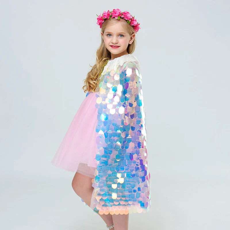 Fashion Glitter Multicolor Sequins Shawl Shiny Girls Cloak Blingbling Fairy Princess Cape Christmas Party Halloween Kids Clothes-Dollar Bargains Online Shopping Australia