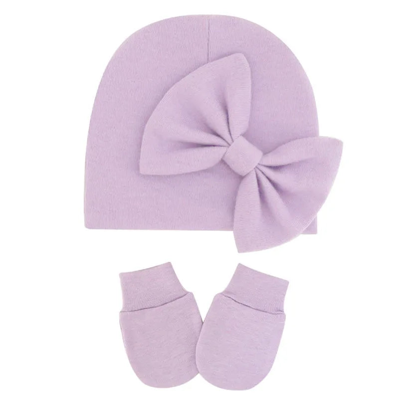 Infant Comfortable Warm Knitting Hat and Glove Set Solid Color Bows Newborn Cap Baby Anti-eat Hand Anti-Grab Face Protect Mitten-Dollar Bargains Online Shopping Australia