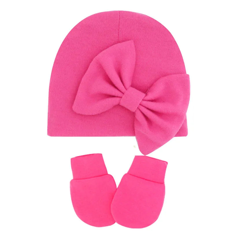 Infant Comfortable Warm Knitting Hat and Glove Set Solid Color Bows Newborn Cap Baby Anti-eat Hand Anti-Grab Face Protect Mitten-Dollar Bargains Online Shopping Australia