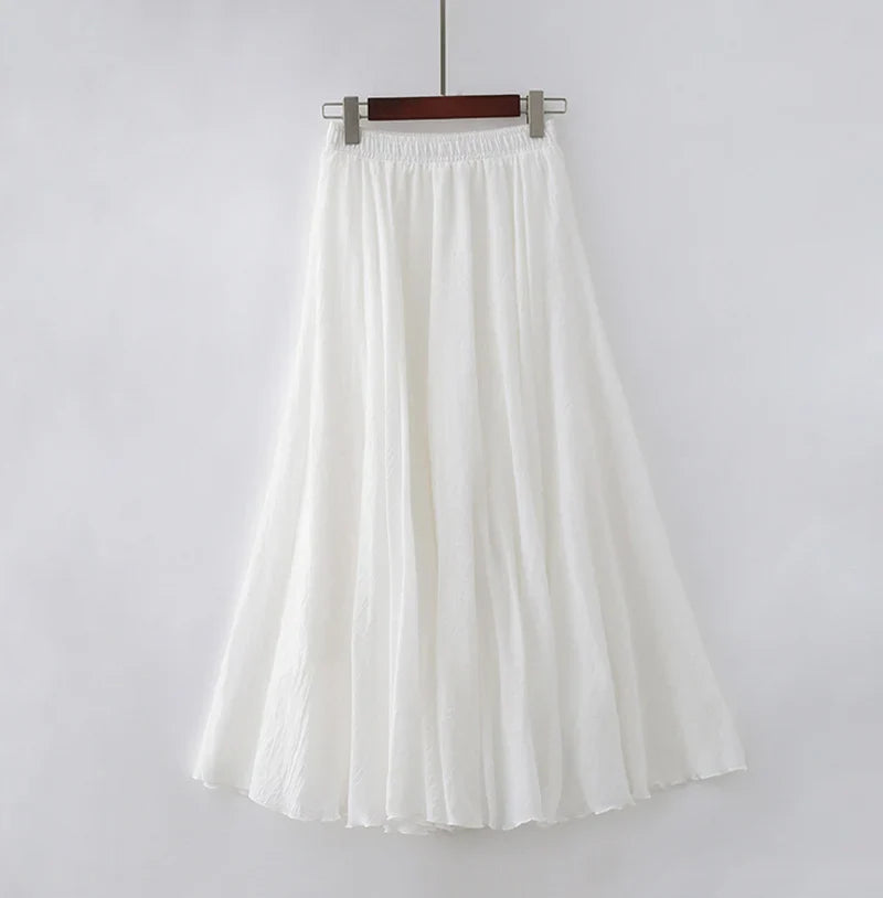 Cotton Linen Maxi Skirt Women Elastic High Waist Pleated A-Line Beach Skirts Boho-Dollar Bargains Online Shopping Australia