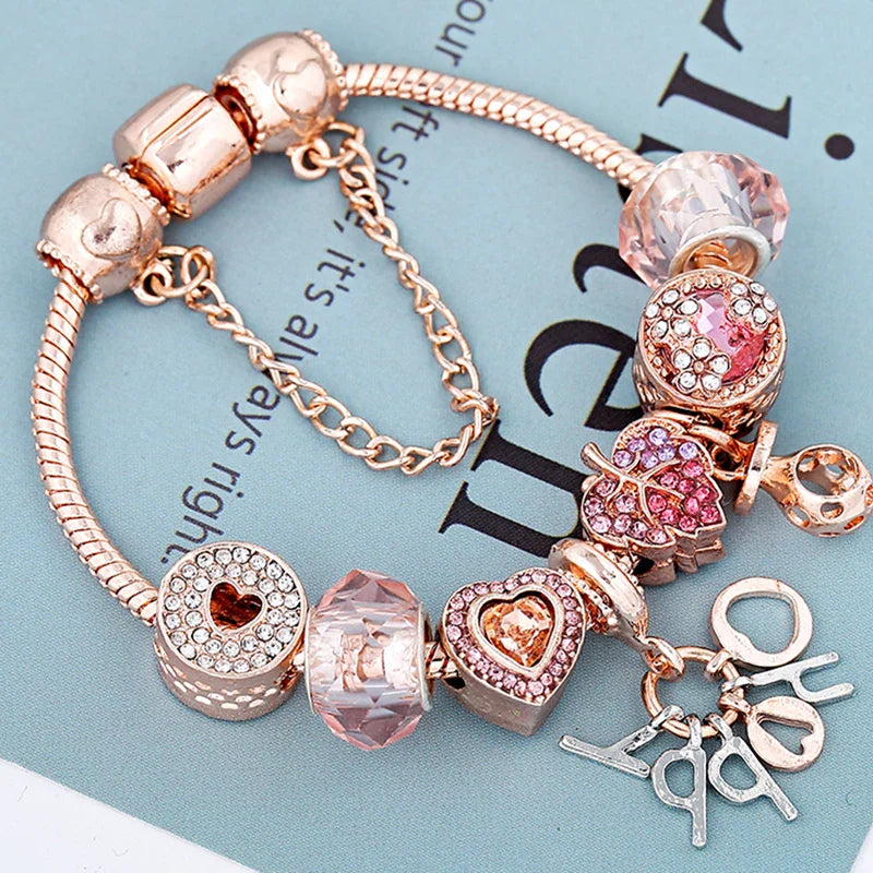 Rose Gold HAPPY Pendant Charm Bracelets Bangles Women Silver Plated Bracelet Handmade Jewelry Crystal-Dollar Bargains Online Shopping Australia