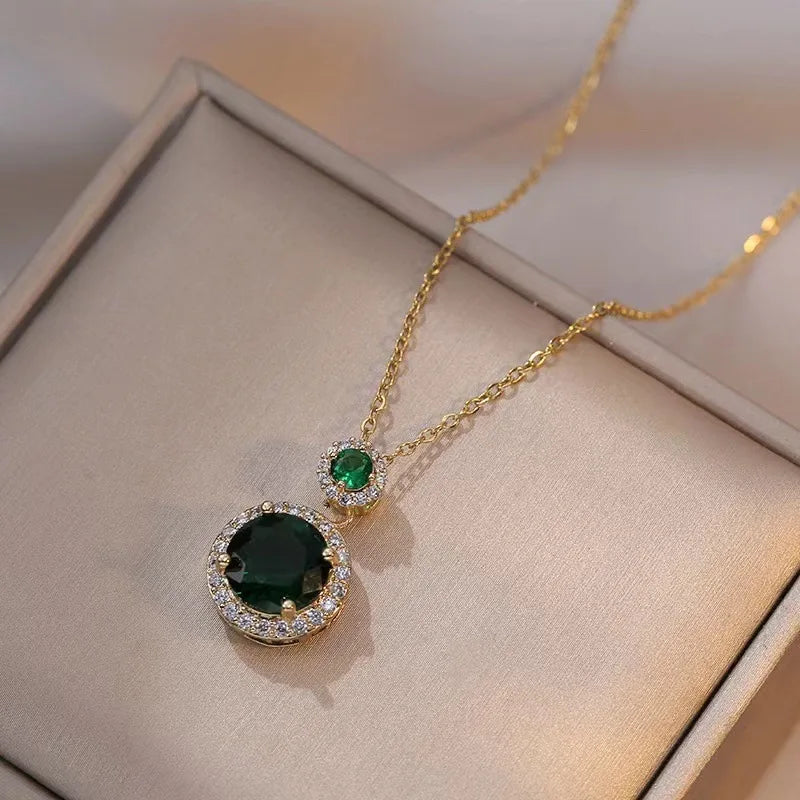 Luxury Fashion Emerald Zircon Round Pendant Necklace Earrings Set Titanium Steel Chain Temperament Jewelry Set for Women Gift-Dollar Bargains Online Shopping Australia