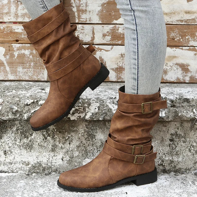 Women Boots European and American Fashion Buckle Pleated Short Boots Autumn and Winter New Flat Boots Women Shoes-Dollar Bargains Online Shopping Australia