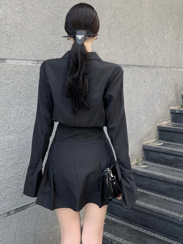 Black Shirt Dress Women Elegant Vintage Long Sleeve Dresses Sexy Gothic Pleated Streetwear Turn-down Collar Casual Robe-Dollar Bargains Online Shopping Australia