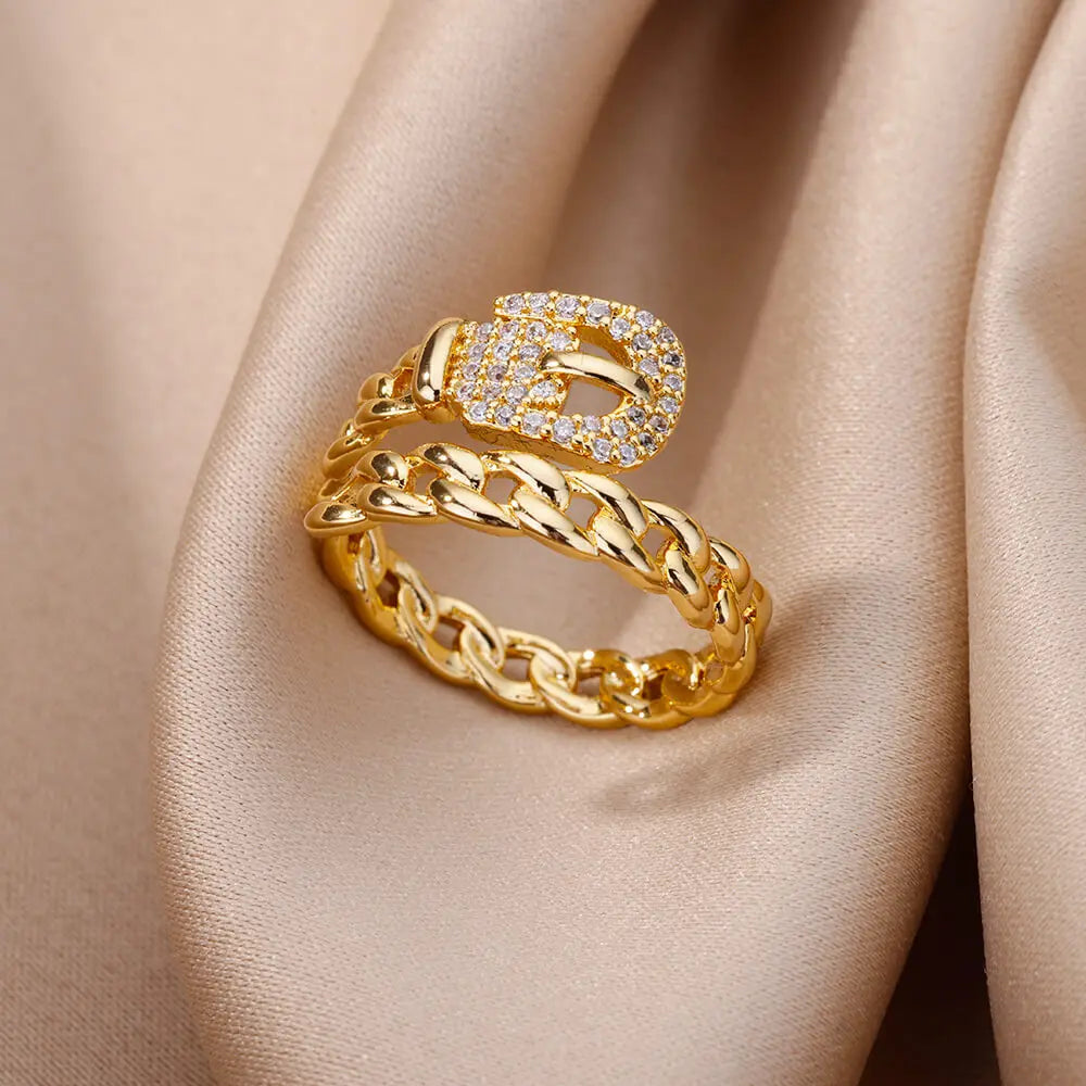 Gold Color Stainless Steel Rings For Women Chain Hollow Out Crystal Zircon Finger Ring-Dollar Bargains Online Shopping Australia