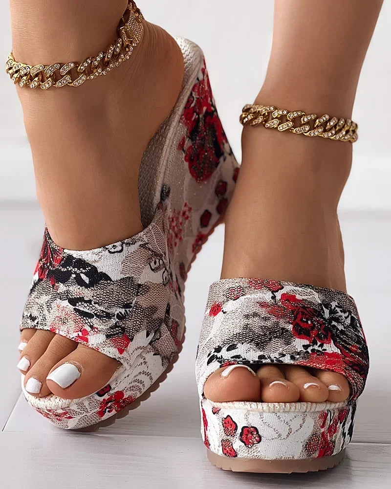 Women Shoes Fashion Shoes Casual Flip Flops Summer Vintage Floral Print Peep Toe Wedge Slippers-Dollar Bargains Online Shopping Australia