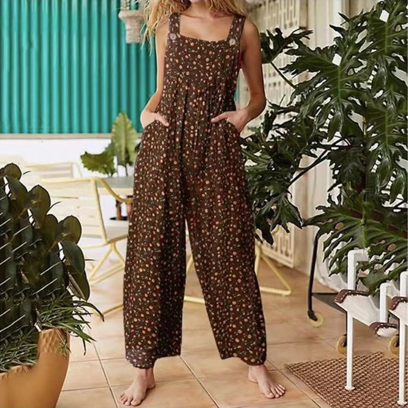 Ethnic Style Patchwork Floral Printed Retro Jumpsuit With Button And Pocket Fashion Colorful Adjustable Strap Pants-Dollar Bargains Online Shopping Australia