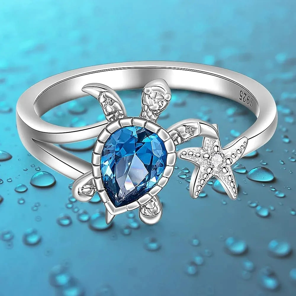 Sea Turtle Starfish Rings for Women Blue Topaz Cute Ocean Animal Cubic Zirconia Jewelry Girl Birthday Party-Dollar Bargains Online Shopping Australia