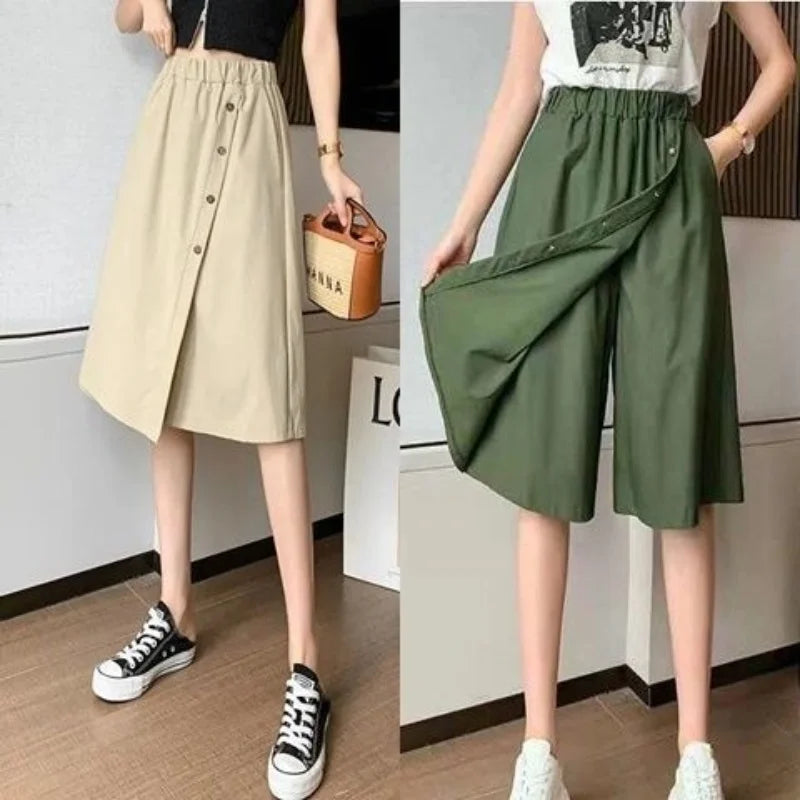 Women High Waist Irregular Knee Length Skirt Pants Office Lady's All-Match Loose Oversize Button Pockets Wide Leg Pants Elegant-Dollar Bargains Online Shopping Australia