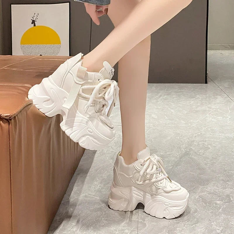 Women Walking Sneakers Autumn Lace-up High Platform Chunky Shoes Breathable Leather Shoes 10CM Winter Wedge Heels Casual Shoes-Dollar Bargains Online Shopping Australia