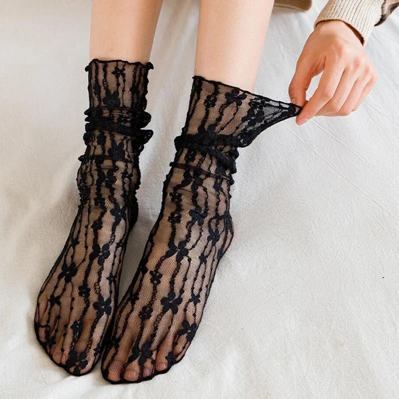 Women Sexy Lace Flower Fashion Ultra-thin Transparent Summer Japan Style Hollow Mesh Crew Socks Harajuku Retro Long Kawaii Socks-Dollar Bargains Online Shopping Australia