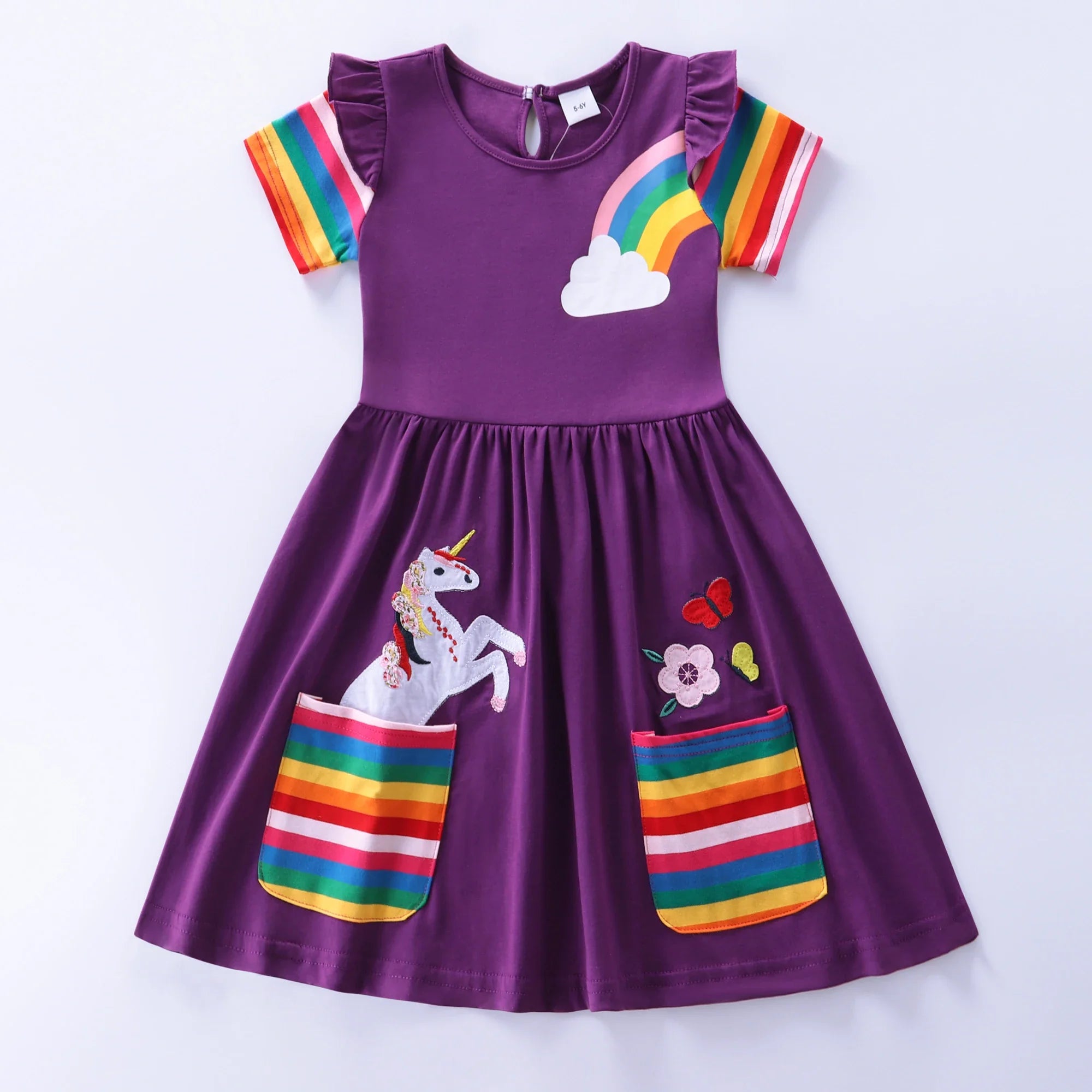 Girls Short Sleeve Unicorn Dress New Summer Embroidered Two Pockets Rainbow Sleeve-Dollar Bargains Online Shopping Australia