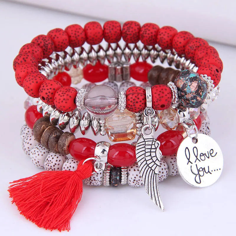 Bohemian Multicolor Pink Crystal Beads Bracelets Women Girls Elastic Tassel Wing Letters Rope Bracelet-Dollar Bargains Online Shopping Australia