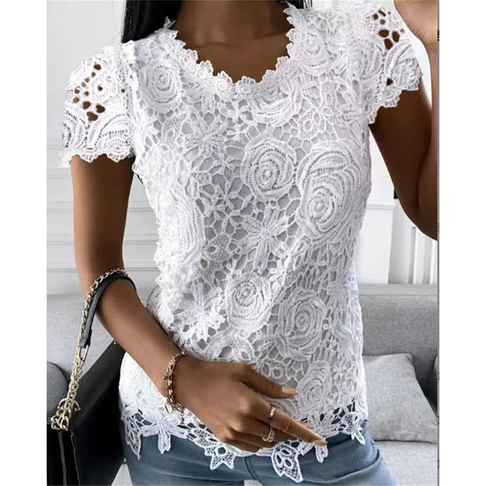 Women Lace Blouse Tops Summer V Neck Short Sleeve Lace Patchwork OL Blouse Shirts-Dollar Bargains Online Shopping Australia