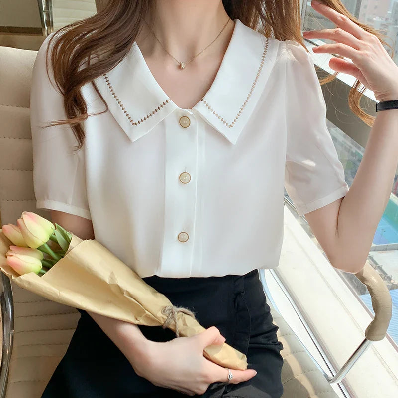 Blouses Tops Women Turn Down Collar Blouse Women White Blouse Short Sleeve Chiffon Blouse-Dollar Bargains Online Shopping Australia