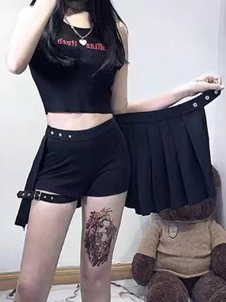 Punk Mall Goth Shorts Skirt Women Y2k E-girl Streetwear Harajuku Leg Ring Buckle Detachable High Waist Emo Alt Clubwear