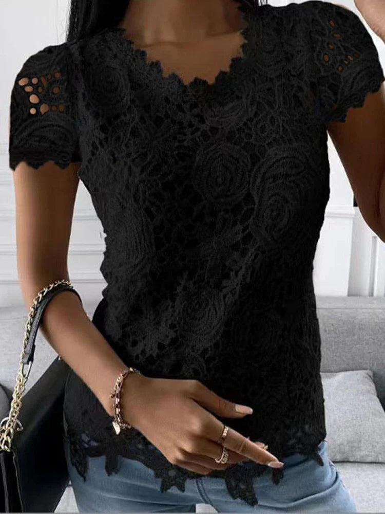 Women Lace Blouse Tops Summer V Neck Short Sleeve Lace Patchwork OL Blouse Shirts-Dollar Bargains Online Shopping Australia