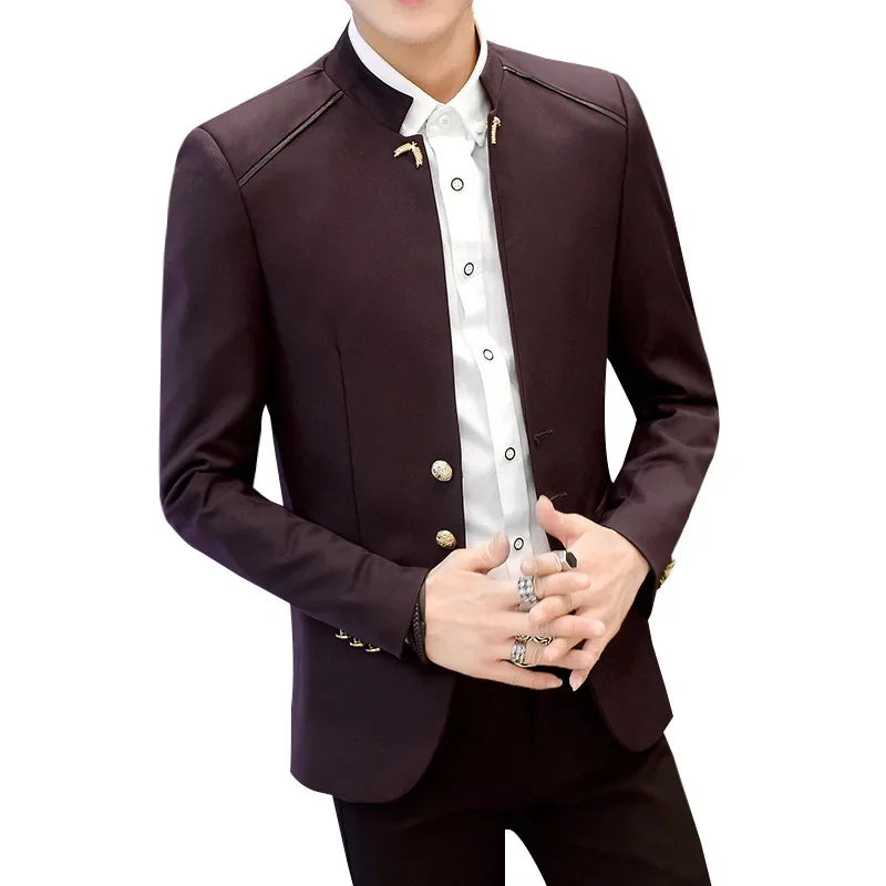 Men's Stand Collar Casual Suit Jackets Solid Color Stitching Three Button Mens Blazer Coats