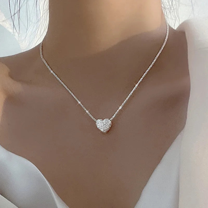 Silver Girls Hammer pattern Love Necklace Simple Heart shaped Pendant Women's Boutique Jewelry