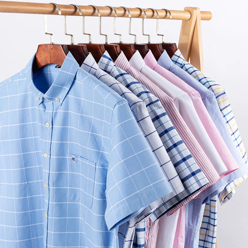 100% Cotton Men Oxford Shirt Short Sleeve Summer Plaid Striped Male Clothes Business Regular Fit Dress Shirt Oversized