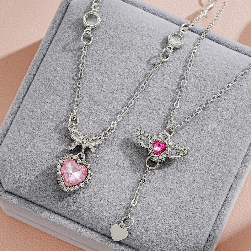 Crystal Angel Wings Heart Pendant Necklaces Set Ladies Girl Simple Y2K Pink White Zircon Love Elegant Necklace Women Jewelry Set-Dollar Bargains Online Shopping Australia