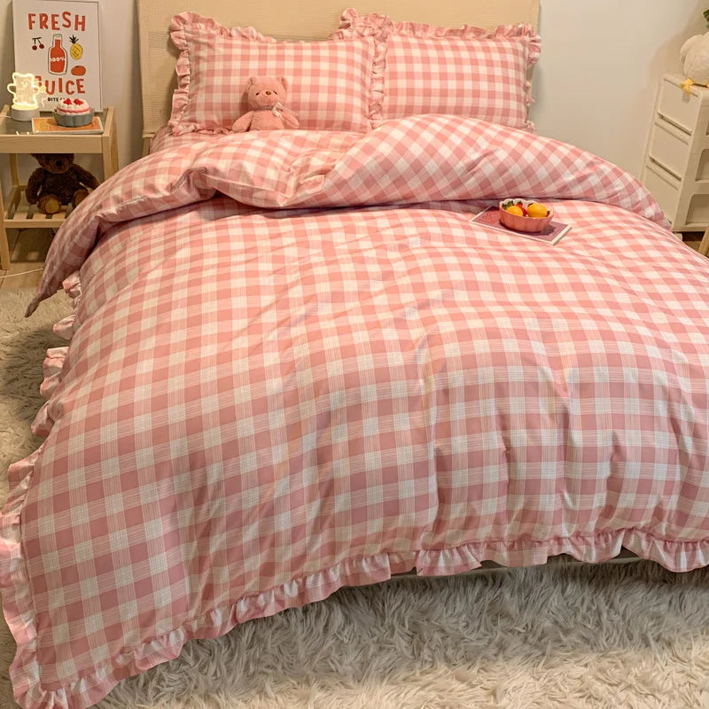 Princess Lace Pink Bedding Sets Soft Wash Cotton Bed Linens Pillowcase Bed Sheet Quilt Cover For Girls Home Textiles