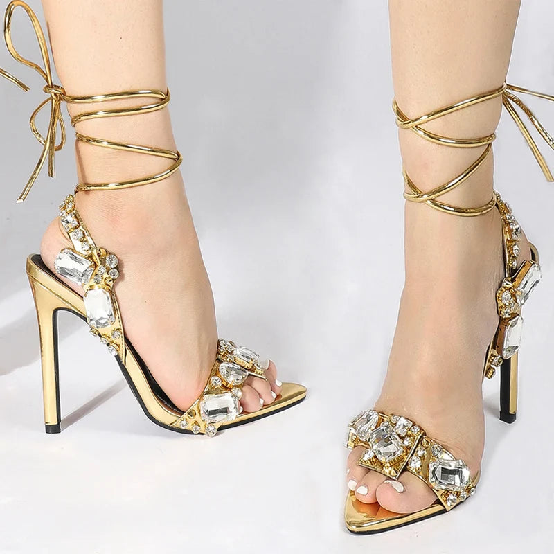 Ankle Strap Golded Sandals Women Party Nightclub Stripper Heels High Quality Crystal Diamond Pointed Toe Wedding Shoe-Dollar Bargains Online Shopping Australia