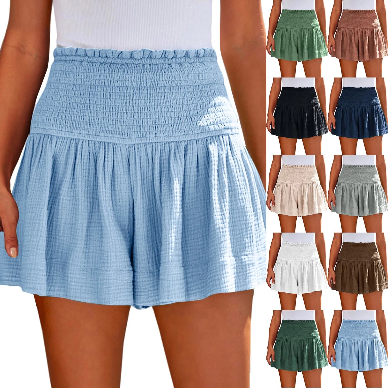 High Waist Casual Soft Solid Color Breathable Fashion Wide Leg Shorts Summer Elastic Waist Pleated Trousers-Dollar Bargains Online Shopping Australia