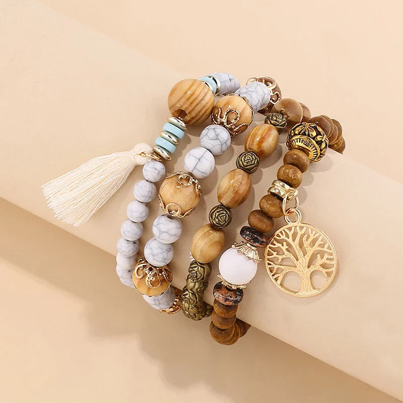 4Pcs/Set Boho Wooden Beaded Bracelet Set For Women Tree Of Life White Tassels Charm Elastic Chain Bangle Lady Bohemia Jewelry-Dollar Bargains Online Shopping Australia