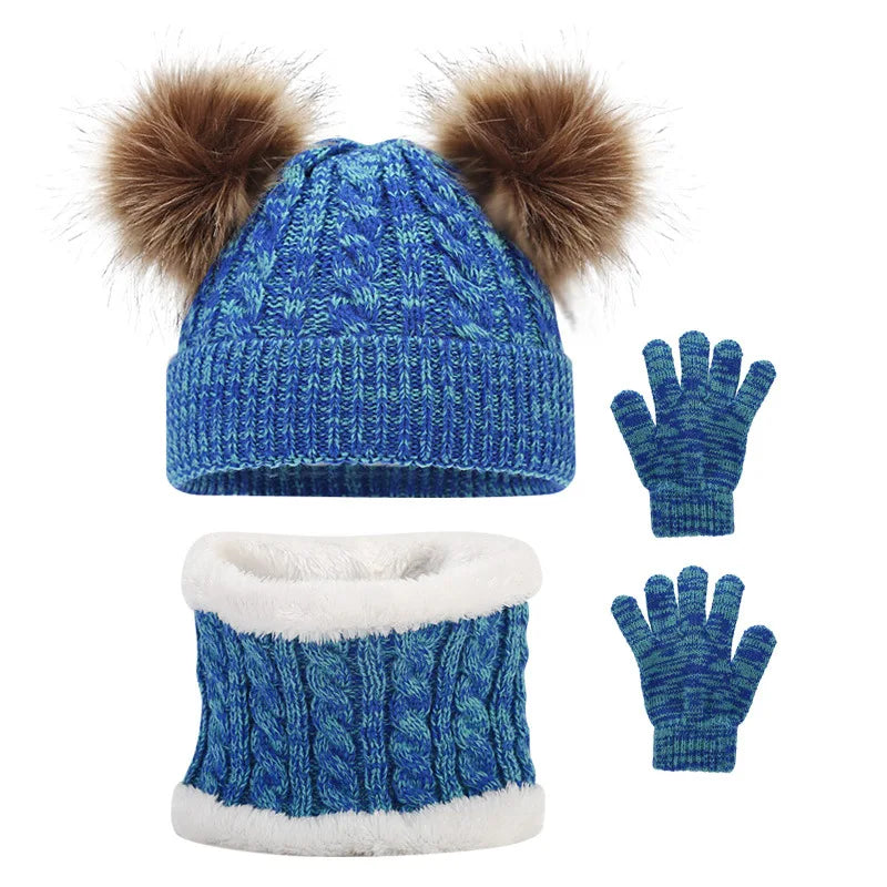 3PCS Children Winter Double Ball Knitted Hat Gloves Scarf Knitted Thickened Warm Set-Dollar Bargains Online Shopping Australia