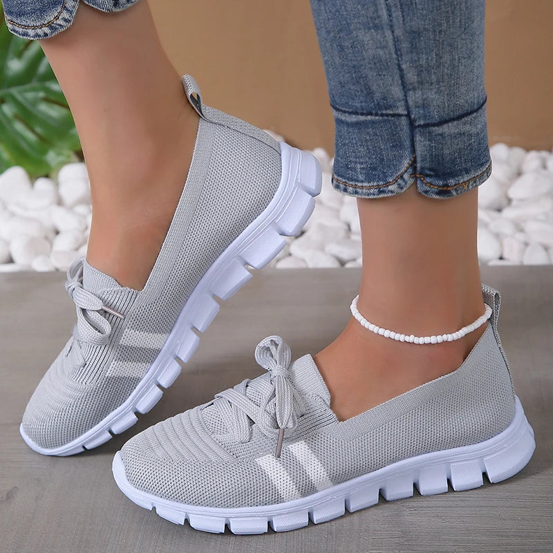 Mesh Knitted Striped Flats Shoes Women Lace Up Casual Sneakers Woman Breathable Soft Sole Loafers-Dollar Bargains Online Shopping Australia