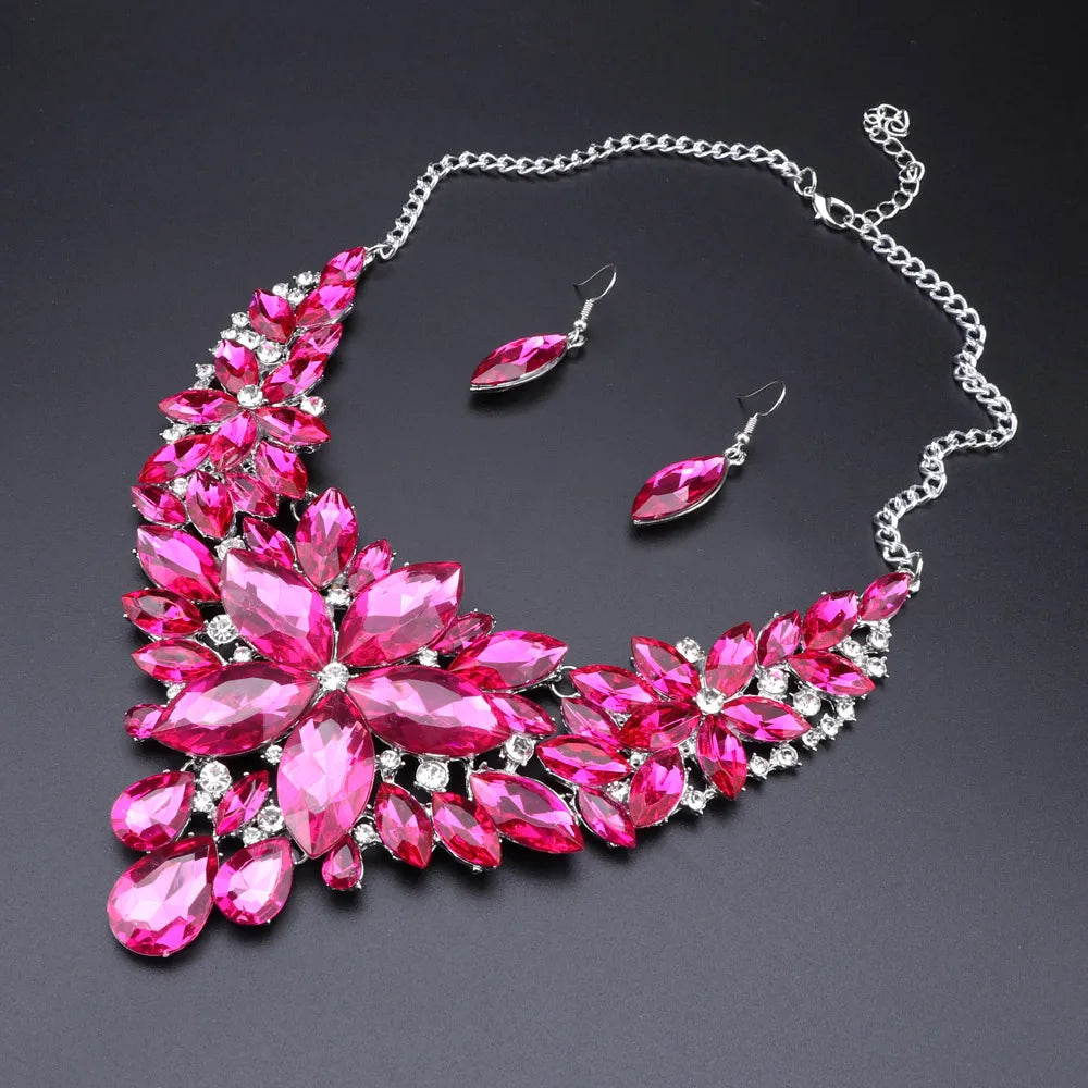 Fashion Pink Flowers Bridal Wedding Party Prom Costume Jewelry Sets Indian Necklace Earrings Sets for Brides Bridesmaids-Dollar Bargains Online Shopping Australia