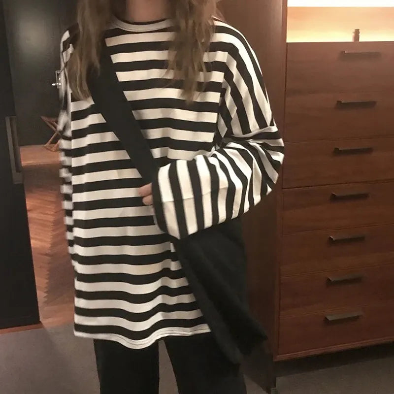 Women harajuku Striped Tshirt Long Sleeve O-Neck T-Shirts oversized T Shirt-Dollar Bargains Online Shopping Australia