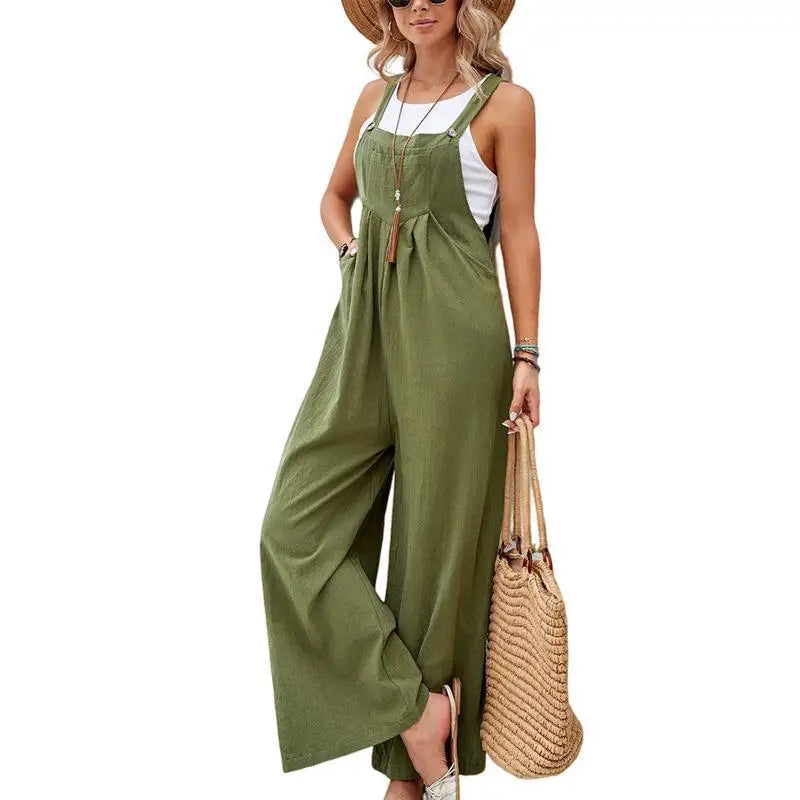 Retro Casual Cotton Suspender Long Pant Pockets Button Wide Leg Strap Jumpsuit Loose Rompers Overalls-Dollar Bargains Online Shopping Australia