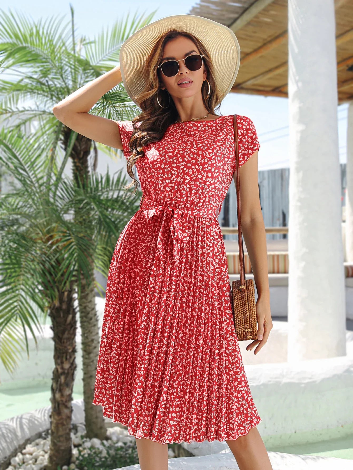 Fashion Floral Pleated A Line Long Dress Women Spring Summer Short Sleeve High Waist Chic Dress-Dollar Bargains Online Shopping Australia