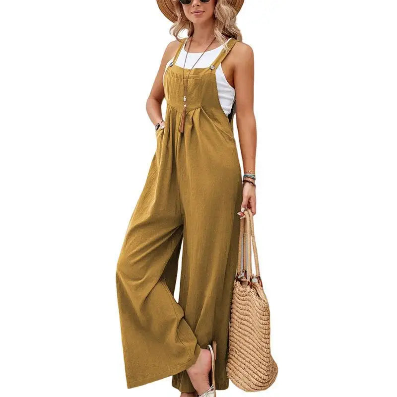 Retro Casual Cotton Suspender Long Pant Pockets Button Wide Leg Strap Jumpsuit Loose Rompers Overalls-Dollar Bargains Online Shopping Australia