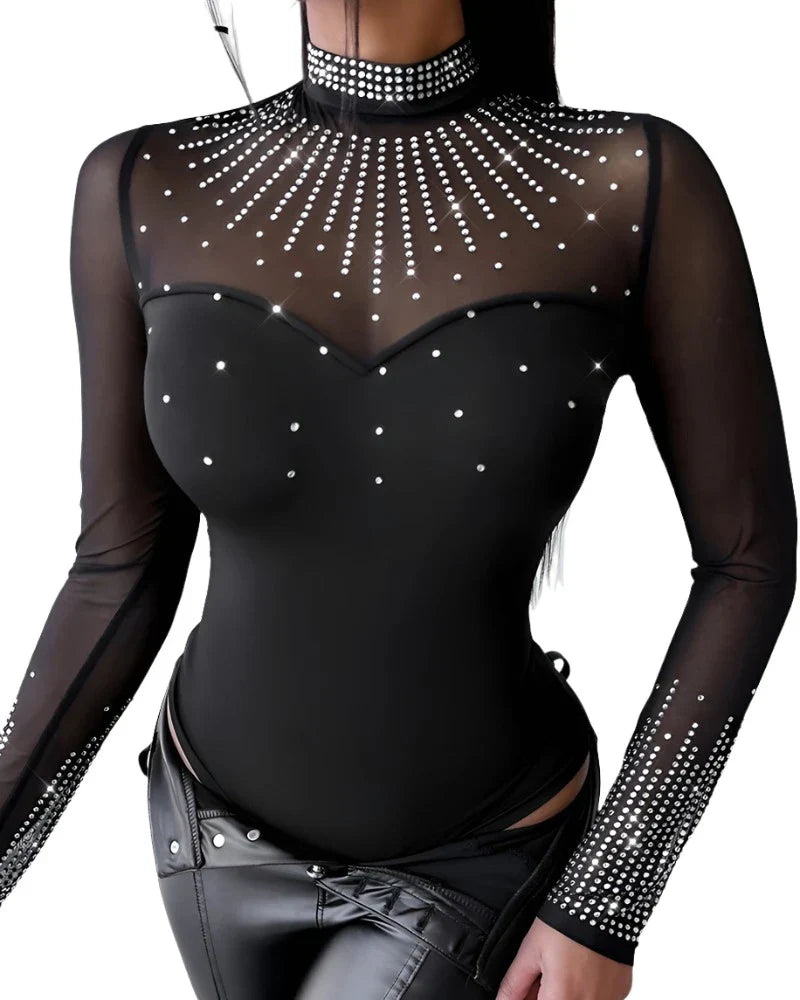 Women Sexy Solid Long Sleeves Contrast Mesh Patch Rhinestone Decor Bodysuits-Dollar Bargains Online Shopping Australia