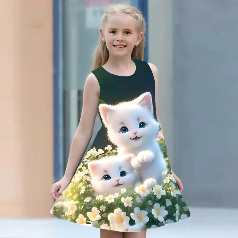 Summer Dress Girls Kids Clothes Casual Sleeveless O-neck Cat 3D Print Children Princess Dress-Dollar Bargains Online Shopping Australia