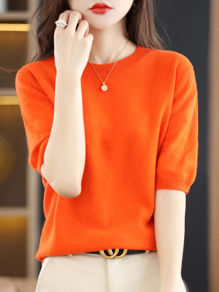 Short-sleeved Knitwear Women O-neck T-shirt Wool Cotton Blend Pullover Vest Sprig Summer Bottoming Tops Sweater Solid Soft-Dollar Bargains Online Shopping Australia