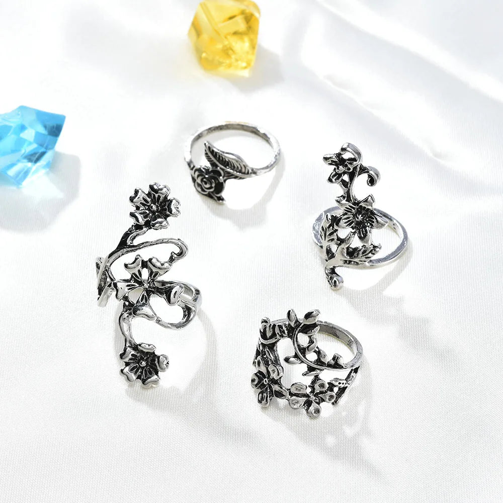 4PCS/Set Forest Vine Leaf Flower Ring Vintage Punk Antique Carved Midi Finger Ring Women Bohemian Rings For Men Jewelry Gifts