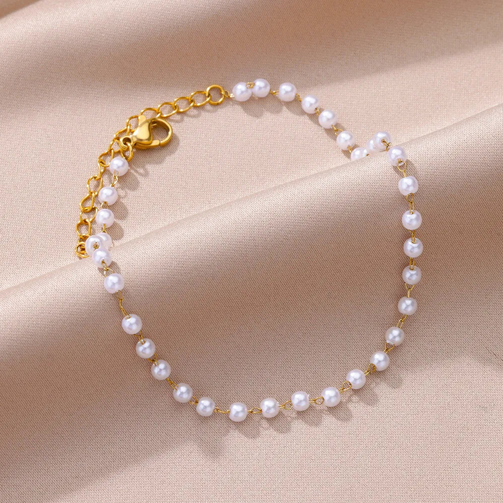 Pearl Bead Anklet for Women Foot Jewelry Accessories Stainless Steel Leg Bracelet Trend Body Chain Aesthetic Barefoot Decorate-Dollar Bargains Online Shopping Australia