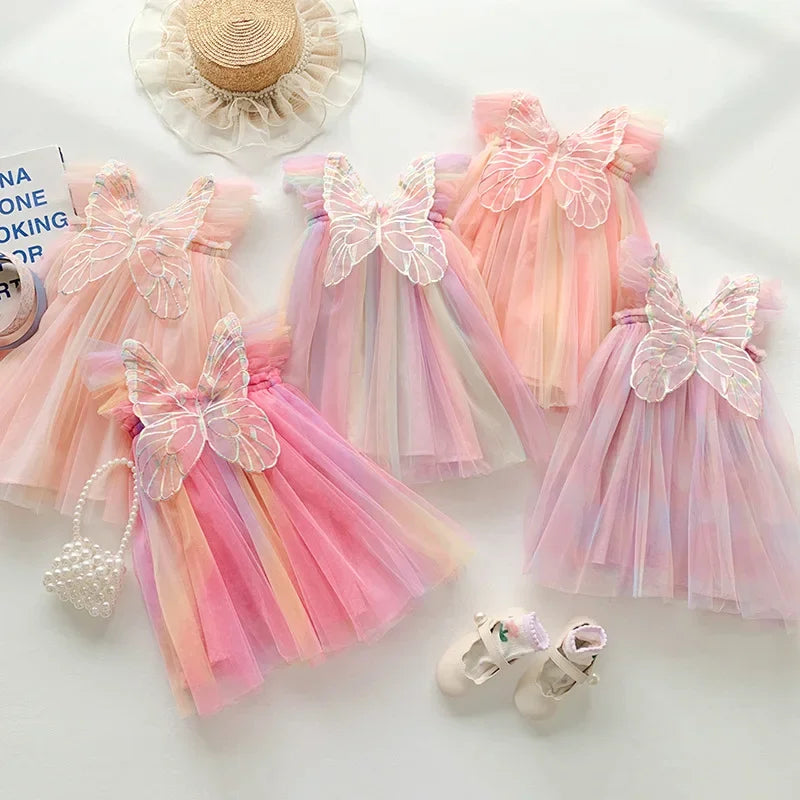 Girls Organza Wings Rainbow Mesh Dress Sleeve Baby Princess Dress Birthday Party-Dollar Bargains Online Shopping Australia